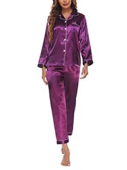 Onsoyours Damen Pyjama Set Schlafanzug mit Knopfleiste Sleepwear Set Nachtwäsche PJ Set mit Langarm Shirt C Violett XXL von Onsoyours
