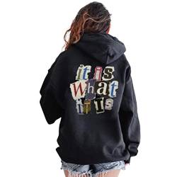 Onsoyours Damen Rückendruck Letter Print Hoodie Sweatshirt Langarm Y2K E-Girl Pullover Oversize Vintage Kapuzenpullover Harajuku Streetwear Hoodie V Schwarz L von Onsoyours