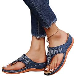 Onsoyours Damen Sandalen mit Keilabsatz Sommer Wedge Peep Toe Hausschuhe Aushöhlen Flip Flop Freizeit Keilsandalen Vintage Plateau Sandaletten D Navy Blau 40 EU von Onsoyours