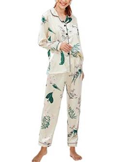 Onsoyours Damen Schlafanzug Lang Zweiteiliger Pyjama mit Knopfleiste Schlafanzüge Langarm Verschluss Weich Nachtwäsche Lounge Pyjamas Set A Blume L von Onsoyours