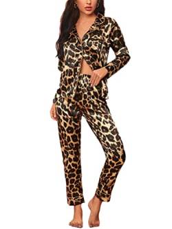 Onsoyours Damen Schlafanzug Lang Zweiteiliger Pyjama mit Knopfleiste Schlafanzüge Langarm Verschluss Weich Nachtwäsche Lounge Pyjamas Set A Khaki Leopard L von Onsoyours