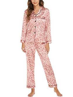 Onsoyours Damen Schlafanzug Lang Zweiteiliger Pyjama mit Knopfleiste Schlafanzüge Langarm Verschluss Weich Nachtwäsche Lounge Pyjamas Set A Rosa Leopard M von Onsoyours