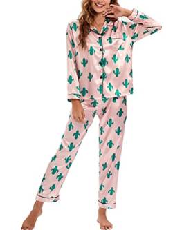 Onsoyours Damen Schlafanzug Lang Zweiteiliger Pyjama mit Knopfleiste Schlafanzüge Langarm Verschluss Weich Nachtwäsche Lounge Pyjamas Set B Rosa L von Onsoyours