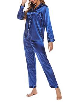 Onsoyours Damen Schlafanzug Lang Zweiteiliger Pyjama mit Knopfleiste Schlafanzüge Langarm Verschluss Weich Nachtwäsche Lounge Pyjamas Set C Blau M von Onsoyours