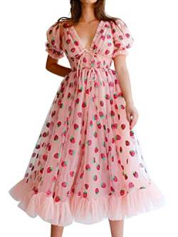 Onsoyours Damen Sexy Erdbeere Sweet Mesh Mode Kleid Casual Garn V-Ausschnitt Pleated Elegante Maxi-Rock A Rosa S von Onsoyours