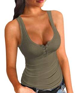 Onsoyours Damen Sexy Strick Tank Top mit Knopf Sommer Elegant Ribbed Tops Ärmellose V-Ausschnitt Shirt Basic Einfarbig Strickoberteil A Armeegrün XL von Onsoyours