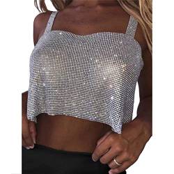 Onsoyours Damen Sexy Tops Bling Strass Party Crop Top Frauen Sommer Fashion Solid Backless Straps Voll Pailletten Cami Cropped Top Clubwear A Silber XS von Onsoyours