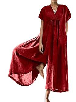 Onsoyours Damen Sommer Baumwolle Leinen Kurzarm V Ausschnitt Casual Jumpsuits mit Taschen Jumpsuit Damen Elegant Lässiger Overall Einteiler Lang Damen Baggy Oversize Baumwoll Leinen Latzhose A Rot 3XL von Onsoyours