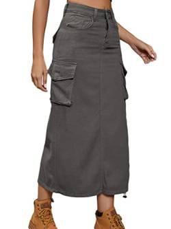 Onsoyours Damen Sommer Jeansrock Midi Long A-Linie Rock mit Hoher Taille Stretch Sommerrock Bleistiftrock Sexy Pencil Skirt mit Knöpfen Denim Midirock mit Taschen B Dunkelgrau XL von Onsoyours