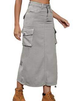 Onsoyours Damen Sommer Jeansrock Midi Long A-Linie Rock mit Hoher Taille Stretch Sommerrock Bleistiftrock Sexy Pencil Skirt mit Knöpfen Denim Midirock mit Taschen B Hellgrau XXL von Onsoyours