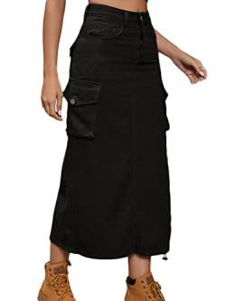 Onsoyours Damen Sommer Jeansrock Midi Long A-Linie Rock mit Hoher Taille Stretch Sommerrock Bleistiftrock Sexy Pencil Skirt mit Knöpfen Denim Midirock mit Taschen B Schwarz XXL von Onsoyours