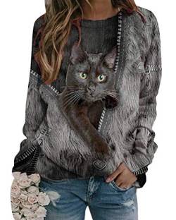 Onsoyours Damen Sommer Kurzarmshirt Shirts Süße Katze Tier 3D Drucken Katzen Muster Gestreift Rundhals Lange Pulli Kapuzenpullover T-Shirt Hemd Rundhals Pullover von Onsoyours