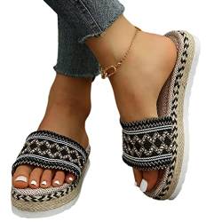 Onsoyours Damen Sommer Plateau Sandalen Keilabsatz Pantoletten Wedges Strass Sandaletten Vintage Freizeit Peep Toe Schuhe Geflochtene Schnur Strandsandalen Hausschuhe C Schwarz 36 EU von Onsoyours