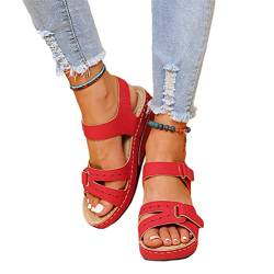 Onsoyours Damen Sommer Sandalen mit Klettverschluss Nähgarn Fischmaul Elegante Plateau Keilabsatz Sandaletten Offene Zehen Römersandalen Rutschfest Sommerschuhe E Rot 39 EU von Onsoyours