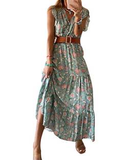 Onsoyours Damen Sommerkleid Boho Kleid Lange Ärmel Strandkleid Wickel Kimono V Ausschnitt Maxikleider Cocktailkleider A Grün 40 von Onsoyours