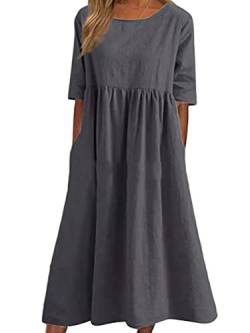 Onsoyours Damen Sommerkleid Leinenkleider Casual Rundhalsausschnitt Kurzarm Midi Kleid Lange Tunika Bluse Kleider Sommer A Grau L von Onsoyours