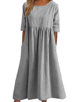 Onsoyours Damen Sommerkleid Leinenkleider Casual Rundhalsausschnitt Kurzarm Midi Kleid Lange Tunika Bluse Kleider Sommer A Hellgrau 3XL von Onsoyours