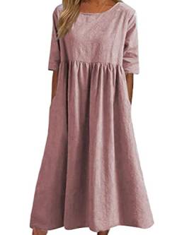 Onsoyours Damen Sommerkleid Leinenkleider Casual Rundhalsausschnitt Kurzarm Midi Kleid Lange Tunika Bluse Kleider Sommer A Rosa M von Onsoyours