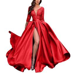 Onsoyours Damen Spitze Off Shoulder Plissee Kurzarm Schlitz Elegante Maxikleid Partykleid Abendkleid B Rot XXL von Onsoyours