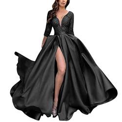 Onsoyours Damen Spitze Off Shoulder Plissee Kurzarm Schlitz Elegante Maxikleid Partykleid Abendkleid B Schwarz XL von Onsoyours