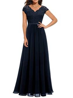 Onsoyours Damen Spitzenkleider Hochzeit Chiffon Abendkleider Elegant Kurzarm Langes Kleid Plissee Maxikleider Cocktail Party Ballkleider C Dunkelblau XL von Onsoyours