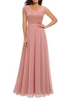 Onsoyours Damen Spitzenkleider Hochzeit Chiffon Abendkleider Elegant Kurzarm Langes Kleid Plissee Maxikleider Cocktail Party Ballkleider C Rosa L von Onsoyours