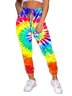 Onsoyours Damen Sporthosen Lang Jogginghose Loose Fit Elastischer Bund Freizeithosen Hohe Taile Tie-Dye Bequem Sweathose mit Bindebändern B Gelb Large von Onsoyours