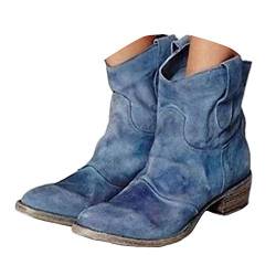 Onsoyours Damen Stiefeletten Mit Absatz Cowgirl Western Biker Boots Chelsea Kurze Damenschuhe Retro Stiefel Kurzschaft Bequem Schuhe 01 Blau 40 EU von Onsoyours