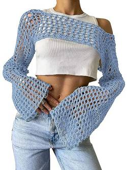 Onsoyours Damen Strick Crop Top Crochet Tops Strickpullover Casual Pullover Langarmshirt Y2K Elegant Tops Cover Up für Frauen A Hellblau S von Onsoyours