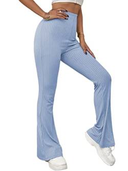 Onsoyours Damen Strick Hose Schlaghose Jogginghose Elastische Bund ohne Knoten Casual Einfarbig Yogahose Sporthose Straight Leg Büro Pants C Blau M von Onsoyours