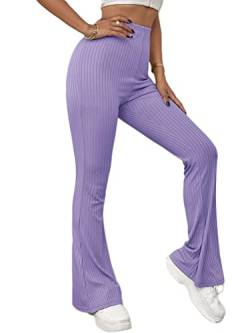 Onsoyours Damen Strick Hose Schlaghose Jogginghose Elastische Bund ohne Knoten Casual Einfarbig Yogahose Sporthose Straight Leg Büro Pants C Violett L von Onsoyours