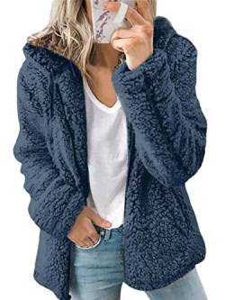 Onsoyours Damen Strickfleecejacke Fleecejacke mit Kapuzen Reißverschluss Winterjacke Klassische Einfarbig Plüschjacke Teddy Mantel Warm Kapuzenjacke Parka (42, Blau) von Onsoyours