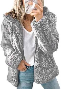 Onsoyours Damen Strickfleecejacke Fleecejacke mit Kapuzen Reißverschluss Winterjacke Klassische Einfarbig Plüschjacke Teddy Mantel Warm Kapuzenjacke Parka Grau 42 von Onsoyours