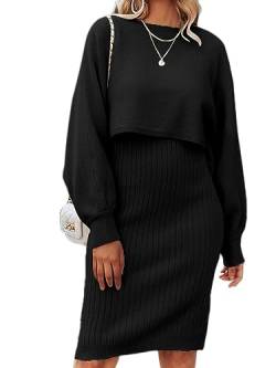 Onsoyours Damen Strickkleid Zweiteiliger Anzug Pullover Oberteil und Kleid Bodycon 2 Stück Set Sweater Midikleid Pullikleid Gestrickt Kleid Set Herbst Winter A Schwarz L von Onsoyours