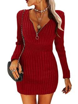 Onsoyours Damen Strickkleider Mode V-Ausschnitt Reißverschluss Winterkleid Hohe Taille Kleid Pullover Casual Langarm Minikleid Bodycon Freizeitkleid Wickelkleid Z Rot M von Onsoyours