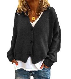 Onsoyours Damen Strickpulli Pullover Lose Lässige Strickjacken Strickenpullover Langarm V-Ausschnitt Einfarbig Knopf Offene Cardigan Frauen Casual Klein Mantel B Schwarz 3XL von Onsoyours