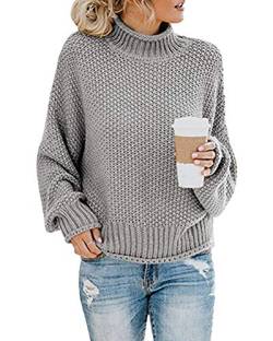 Onsoyours Damen Strickpullover Casual Herbst Winter Sweater Langarm Lose Pulli Jumper Sweatshirt Strickpulli Pullover Rollkragenpullover Streifenpullover (40, A Grau) von Onsoyours