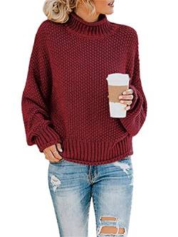 Onsoyours Damen Strickpullover Casual Herbst Winter Sweater Langarm Lose Pulli Jumper Sweatshirt Strickpulli Pullover Rollkragenpullover Streifenpullover A Rot 44 von Onsoyours