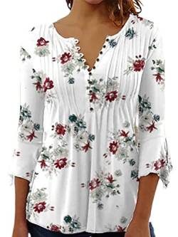 Onsoyours Damen T-Shirt Langarm V-Ausschnitt Floral Knopfleiste Plissee Henley Bluse Casual Locker Blumen Tunika Tops Sommer E Weiß01 S von Onsoyours