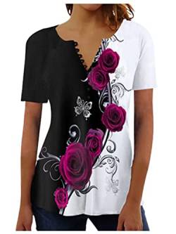 Onsoyours Damen T-Shirt Langarm V-Ausschnitt Floral Knopfleiste Plissee Henley Bluse Casual Locker Blumen Tunika Tops Sommer I10 Weiß XL von Onsoyours
