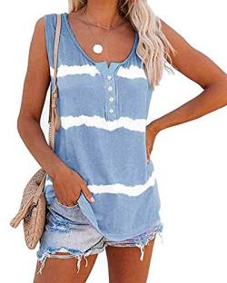 Onsoyours Damen T-Shirts Tie-Dye Bunte Gestreift Sommer ärmellose Tank Top Ohne Arm Rundhals Mode O-Ausschnitt lose Oversize Kontrastfarben Bluse Tops Shirt Tee Tops Hellblau L von Onsoyours