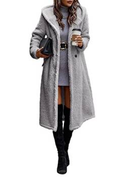 Onsoyours Damen Teddy Fleece Mantel Lang Warm Cardigan Parka Winterjacke Kapuzenjacke Plüschjacke Fleecejacke mit Kapuze und Taschen A Grau L von Onsoyours