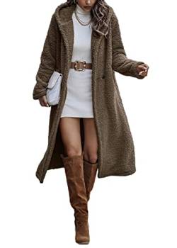 Onsoyours Damen Teddy Fleece Mantel Lang Warm Cardigan Parka Winterjacke Kapuzenjacke Plüschjacke Fleecejacke mit Kapuze und Taschen A Khaki M von Onsoyours