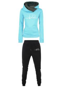 Onsoyours Damen Trainingsanzug Set 2-Teilig Heartbeat Druck Hoodie Jogginghose Sweatshirt Hose Zweiteiler Jogginganzüge Damen Kapuzenpullover Sporthose Set Tracksuit A Blau XS von Onsoyours