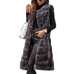 Onsoyours Damen Weste Wintermantel Kunstpelz Ärmellose Jacke Winterjacke mit Kapuze Lange Mantel Outwear Warm Pelzweste Pelzjacke Pelzmantel B Grau 3XL von Onsoyours