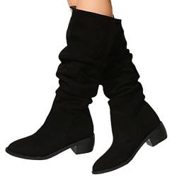 Onsoyours Damen Winterstiefel Wildleder Mittelhohe Stiefel Reitstiefel Einfarbig Slip On Spitz Zulaufend Schneestiefel Ritterstiefel mit Klobigem Absatz A Schwarz 39 EU von Onsoyours