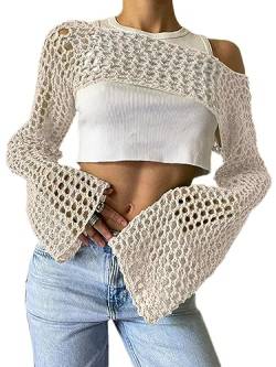 Onsoyours Damen Y2K Crochet Pullover Frauen Langarm Crop Top Einfarbig Top 90er Streetwear Gothic Punk Schulterfrei Zerrissene Strickpullover Lose Oberteile A Beige S von Onsoyours