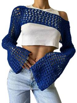 Onsoyours Damen Y2K Crochet Pullover Frauen Langarm Crop Top Einfarbig Top 90er Streetwear Gothic Punk Schulterfrei Zerrissene Strickpullover Lose Oberteile A Dunkelblau M von Onsoyours