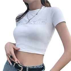 Onsoyours Damen Y2K Langarm Crop Tops Streetwear Spitze Farbblock Rundhals T-Shirt Bluse Mädchen Mode Harajuku Briefdruck Skinny Shirt F Weiß S von Onsoyours