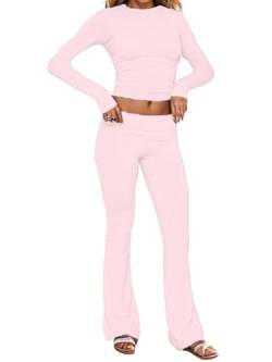 Onsoyours Damen Zweiteiler Slim Fit Lounge Wear Set 2 Teiler Loungewear Langarm Outfit Set Yoga Crop Top mit Hosen A Rosa XS von Onsoyours